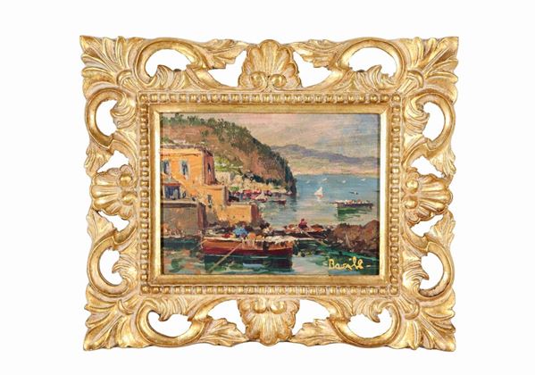 Pittore Napoletano XX Secolo - Signed. "View of the Amalfi Coast with boats and fishermen", small oil painting on pressed cardboard