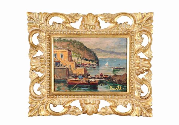 Pittore Napoletano XX Secolo - Firmato. "Veduta della Costiera Amalfitana con barche e pescatori", piccolo dipinto ad olio su cartone pressato