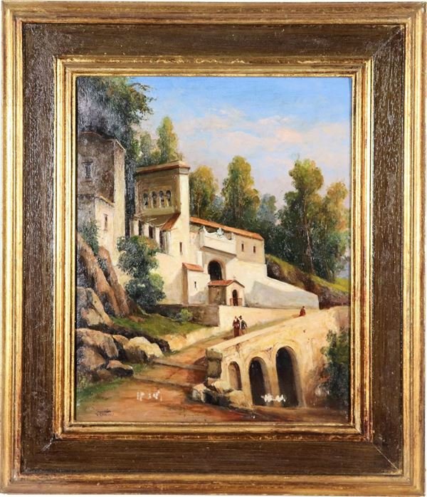 Vincenzo Canino - Firmato. "Veduta di convento", dipinto ad olio su tela