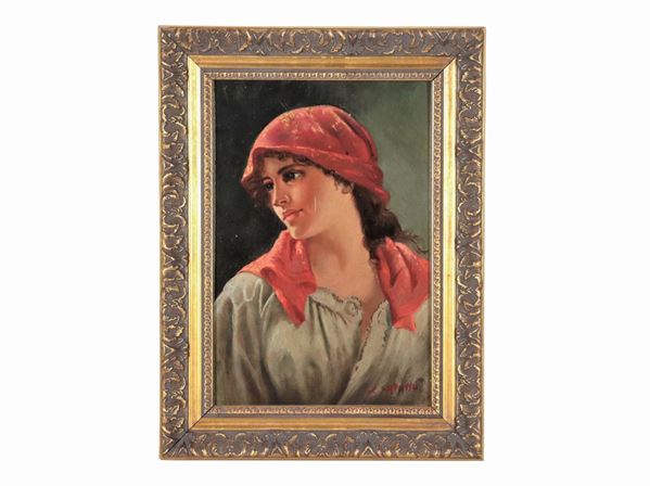 Francesco Capasso - Signed. "Portrait of a young common woman", small oil painting on plywood