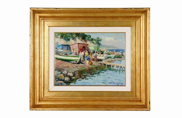Luigi Bertolin Grande - Signed. "Work of fishermen on dry boats", oil painting on cardboard