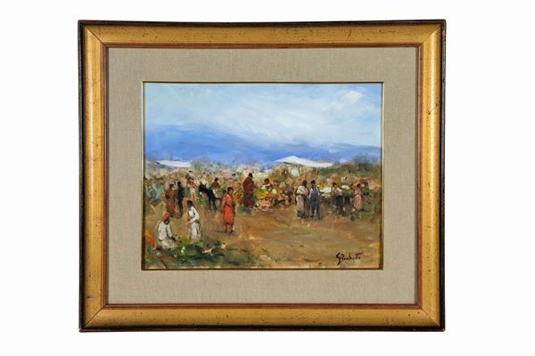 Gaetano Bocchetti - Signed. "Open market", oil painting on canvas