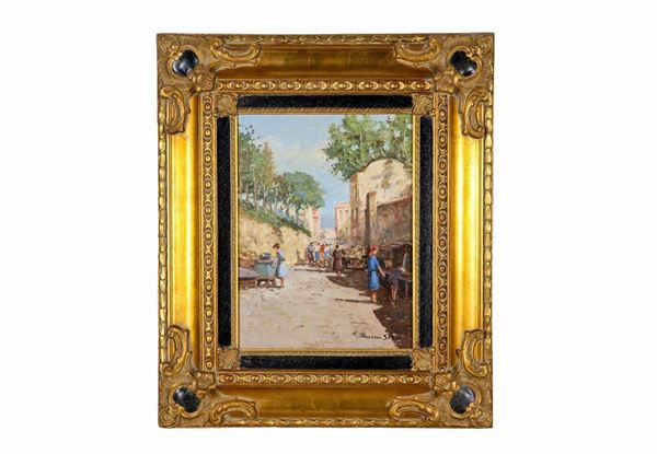 Mario Maresca Serra - Signed. "The local market", small oil painting on canvas