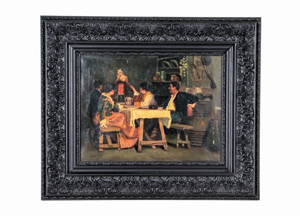 Scuola Italiana Fine XIX Secolo - "Il pranzo", dipinto ad olio su tela