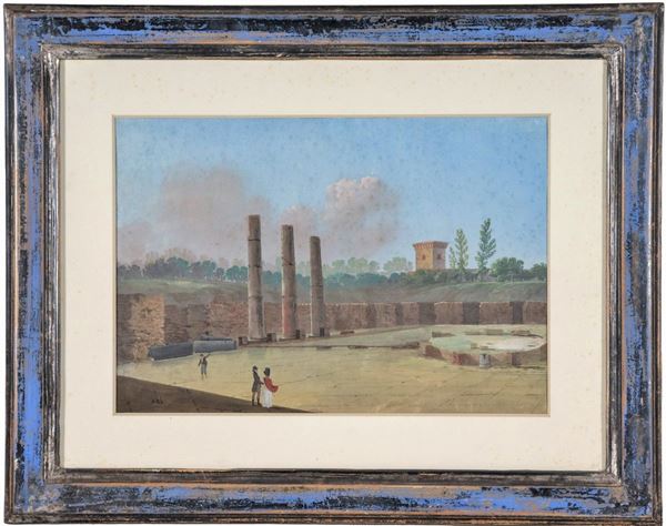 Scuola Napoletana XIX Secolo - "Veduta di zona archeologica a Pompei", gouache su carta
