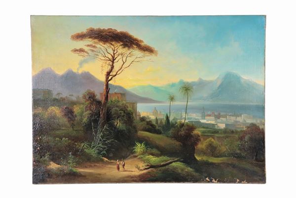 Scuola Napoletana Fine XIX Secolo - "Veduta del Golfo di Napoli da Capodimonte", dipinto ad olio su tela