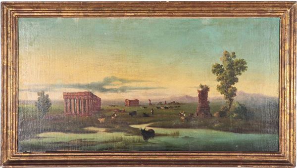 Scuola Italiana Fine XIX Secolo - "Veduta dei Templi a Paestum con pastori e bufali", dipinto ad olio su tela