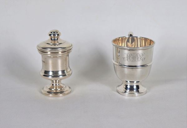 Lot in silver, of a small Edward VII mug - Stamps Chester 1906 and of a small amphora with lid signed Brandimarte, (2 pcs) gr. 150