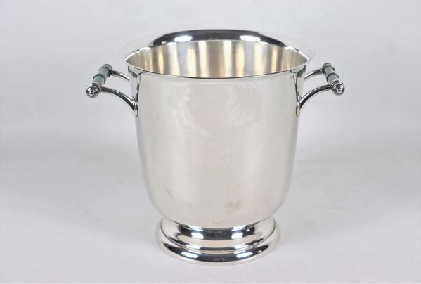Champagne bucket in silver-plated metal, with handles covered in faux malachite enamel
