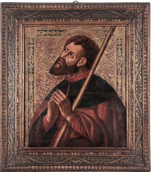 Scuola Toscana Inizio XVII Secolo - "Santo in contemplazione", dipinto ad olio su tavola a fondo oro decorato