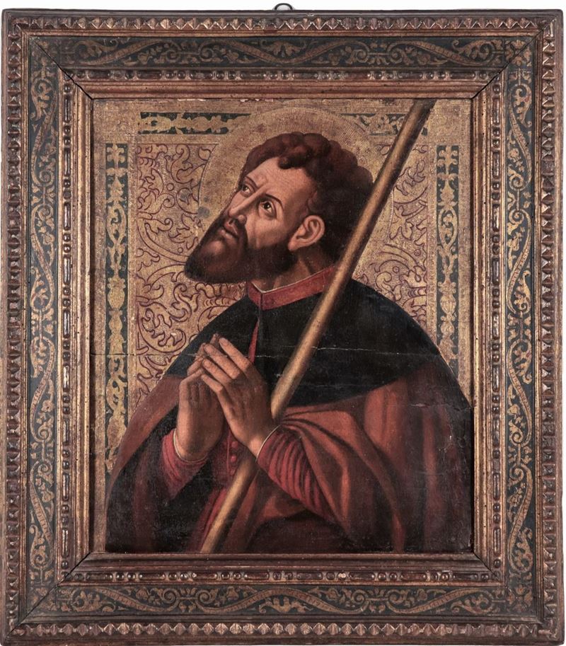 "Santo in contemplazione", dipinto ad olio su tavola a fondo oro decorato
