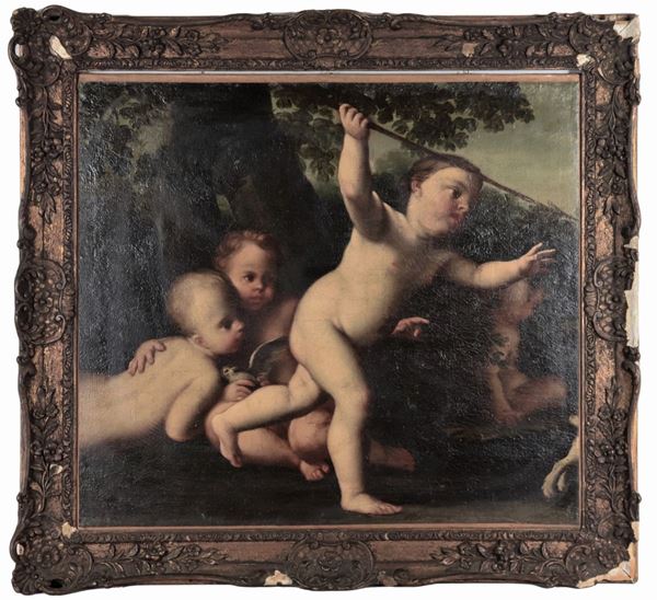 Pittore Romano Inizio XVIII Secolo - "Allegoria di Putti", frammento ad olio su tela, parte di un dipinto più grande