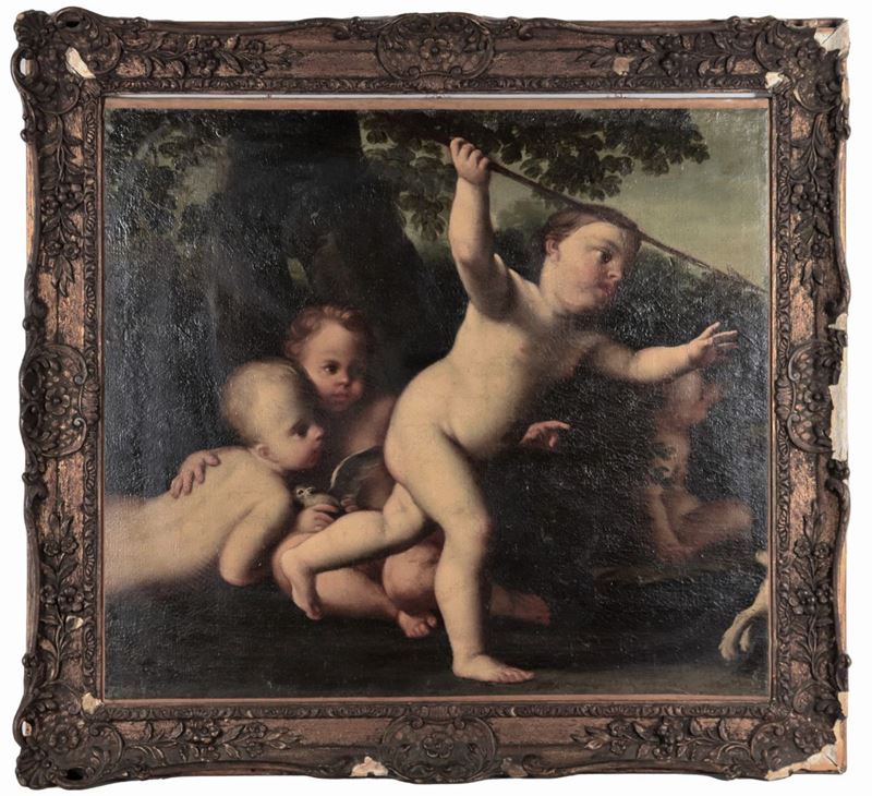 "Allegoria di Putti", frammento ad olio su tela, parte di un dipinto più grande