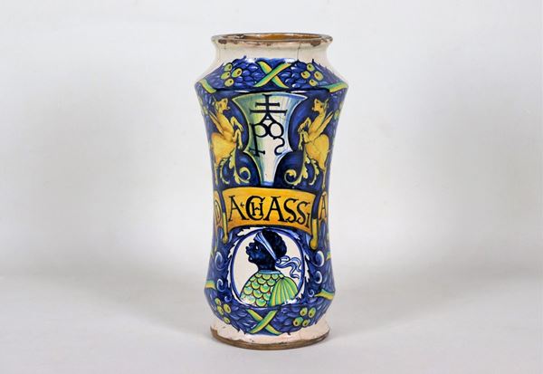 Albarello in glazed majolica from Faenza, with decorations in turquoise blue and yellow