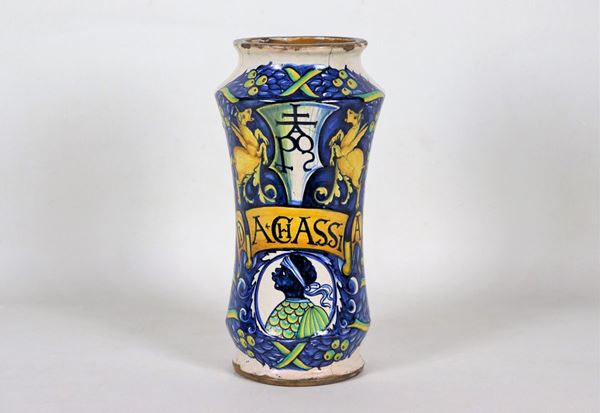 Albarello in maiolica smaltata di Faenza, con decorazioni in blu turchino e giallo