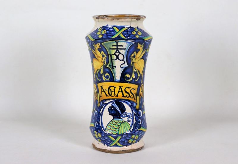 Albarello in maiolica smaltata di Faenza, con decorazioni in blu turchino e giallo