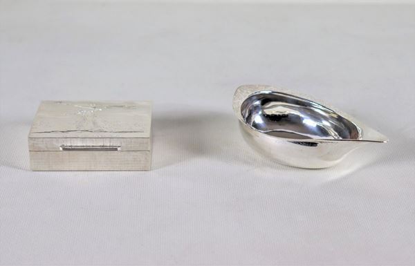 Lotto in argento di una scatolina e una tazza assaggiavino (2 pz.), gr. 180