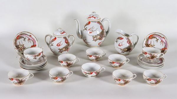 Chinese coffee service in "egg skin" white porcelain, with relief decorations in enamels with dragon and fish motifs (13 pcs)