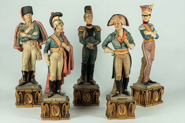 5 &quot;Napoleonic Officers&quot; sculptures in Capodimonte ceramic