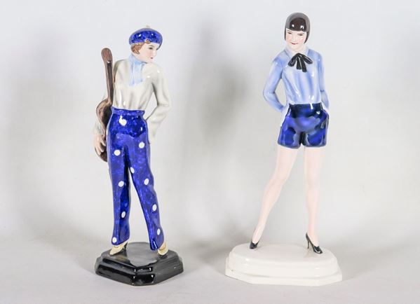 Lot of two small Art Decò sculptures "Ballerina" and "Guitar player" in majolica and enamelled ceramic