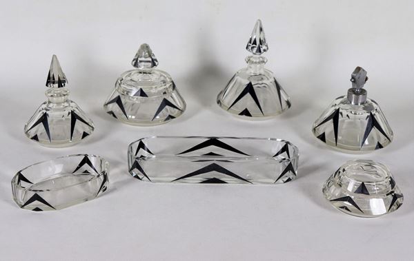 Liberty toilet set in crystal with black enamel decorations with geometric motifs (7 pcs)