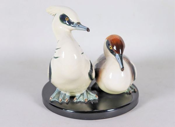 Art Decò group "Aquatic birds" in majolica, polychrome and glazed ceramic
