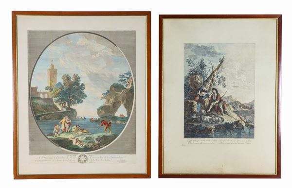 Lot of two colored French prints "Bucolic scene" and "Marina with castle"
