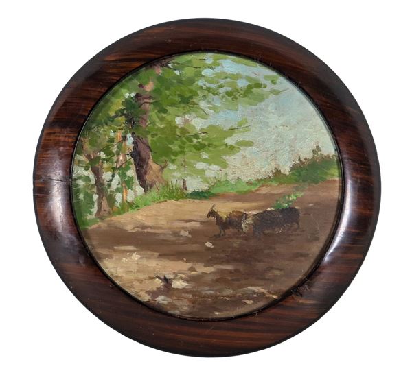 Pittore Italiano Inizio XX Secolo - Signed. "Country landscape with goats", small oil painting on a round-shaped tablet