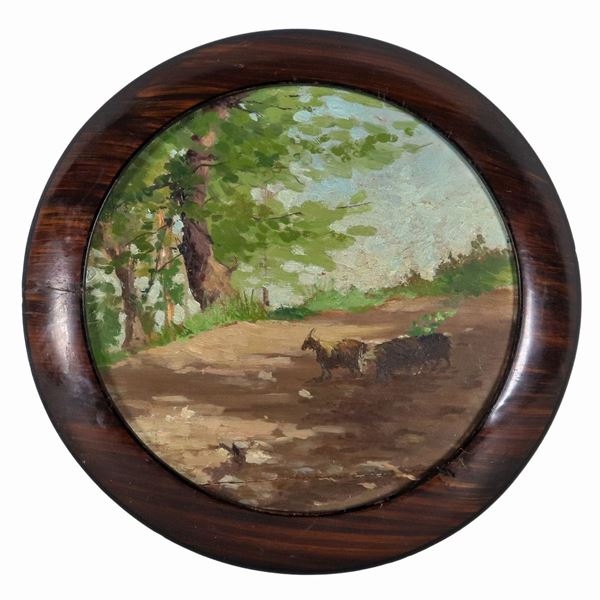 Pittore Italiano Inizio XX Secolo - Signed. "Countryside landscape with goats", small oil painting on a round-shaped tablet