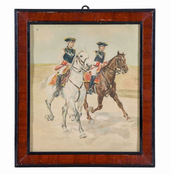 Antique small watercolor on paper "Soldiers on horseback"