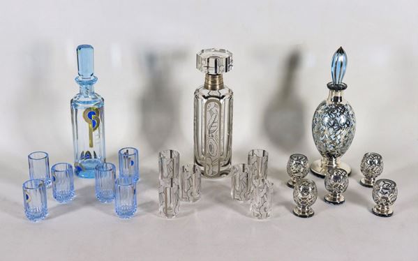 Lot of three Liberty crystal liqueur services with silver and enamel applications (20 pcs)