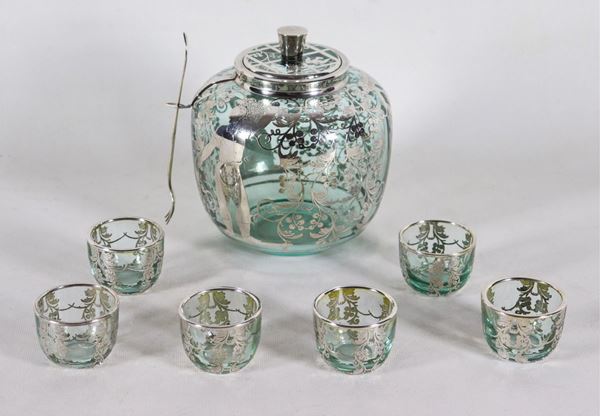 Liberty service for fruit in syrup in crystal, with silver applications with dragonfly motifs and floral intertwining (7 pcs)