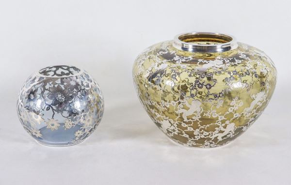 Lot of two Liberty-style vases in smoked crystal, with silver applications with cherub motifs and floral intertwining