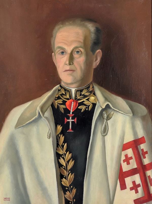Pittore Inizio XX Secolo - Signed and dated Rome 1949. "Portrait of a nobleman in full uniform of the Knights of the Holy Sepulcher of Jerusalem", oil painting on canvas
