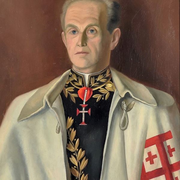 Pittore Inizio XX Secolo - Firmato e datato Roma 1949. "Ritratto di nobiluomo in alta uniforme dei Cavalieri del Santo Sepolcro di Gerusalemme", dipinto ad olio su tela