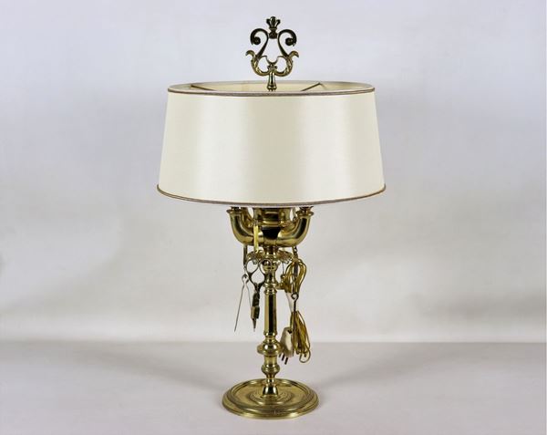 Florentine lamp in golden metal with lampshade, four lights