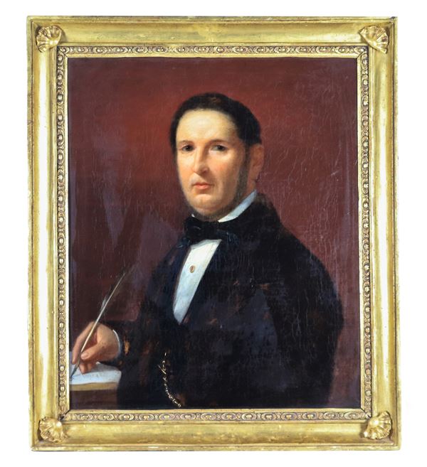 Pittore Toscano Inizio XIX Secolo - "Notable intent on writing a letter", oil painting on canvas