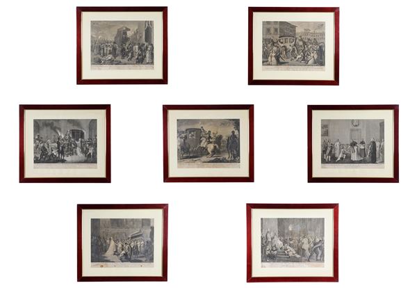 Lot of seven ancient engravings "Episodes from the Napoleonic period and from the Papacy of Pius VI"