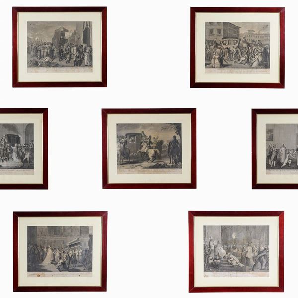 Lot of seven old engravings "Episodes from the Napoleonic period and the Papacy of Pius VI"