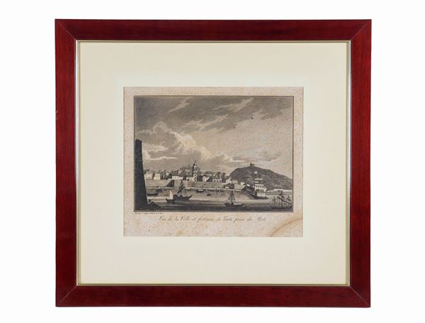 Antique French engraving 1824 "View of the Villa and the Fortress in Gaeta near the Port"