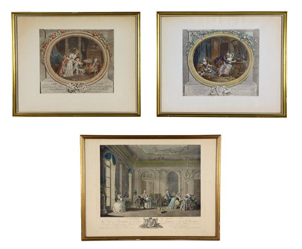Lotto di tre antiche incisioni francesi colorate "Scene di nobili e di vita familiare"