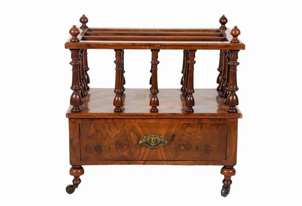 Magazine rack in walnut and walnut burl, with compartments with turned columns and a central drawer below