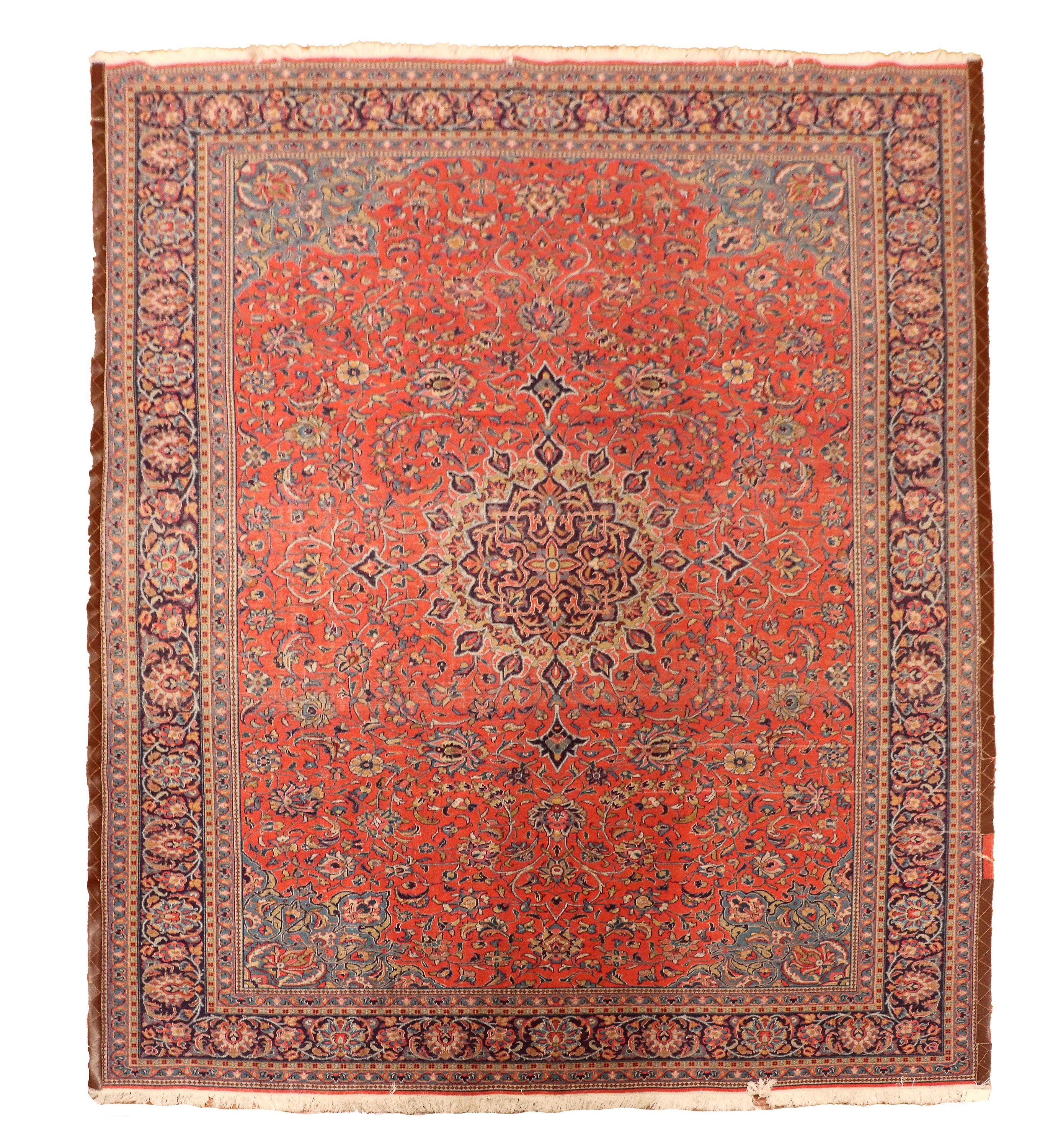 Tappeto persiano Mashad a disegno geometrico e floreale su fondo rosso, avana e blu, M. 3,43 x 2,...