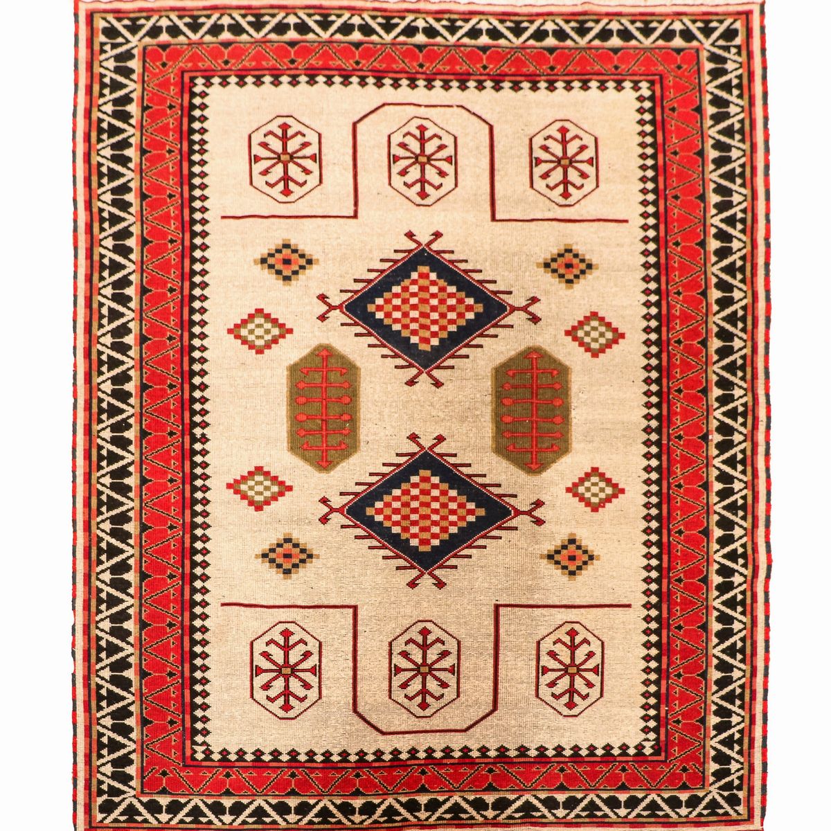 Tappeto persiano a disegno geometrico su fondo avana e bordo rosso, M. 2,93 x 1,98
