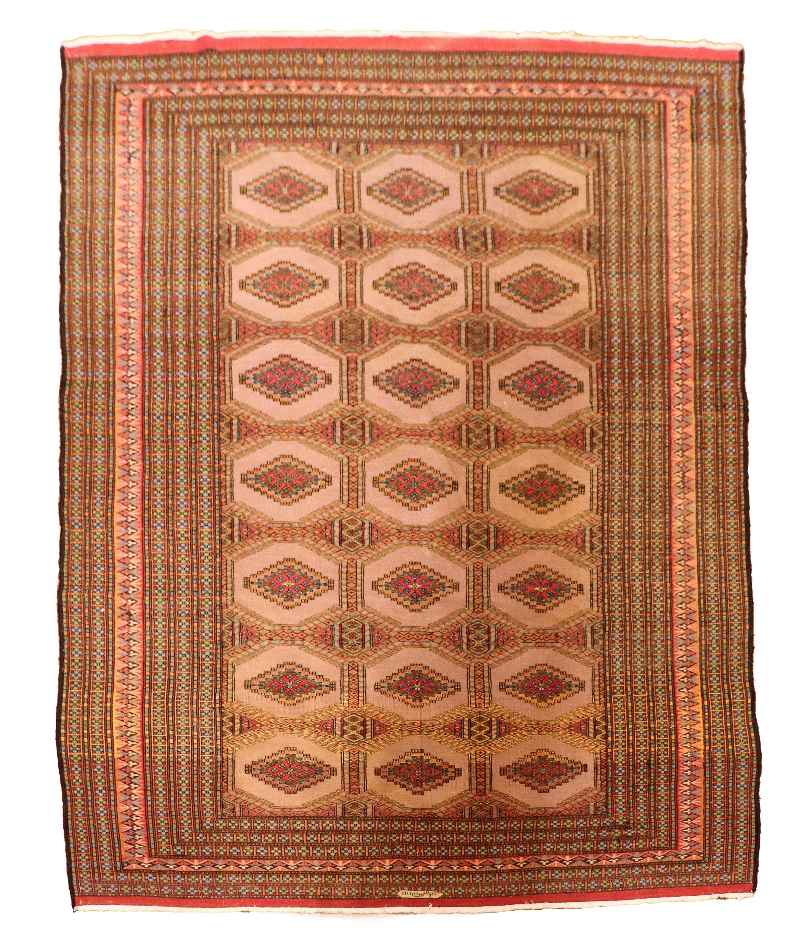 Tappeto persiano Baluchistan a motivi geometrici su fondo avana e mattone, M. 2,93 x 1,90
