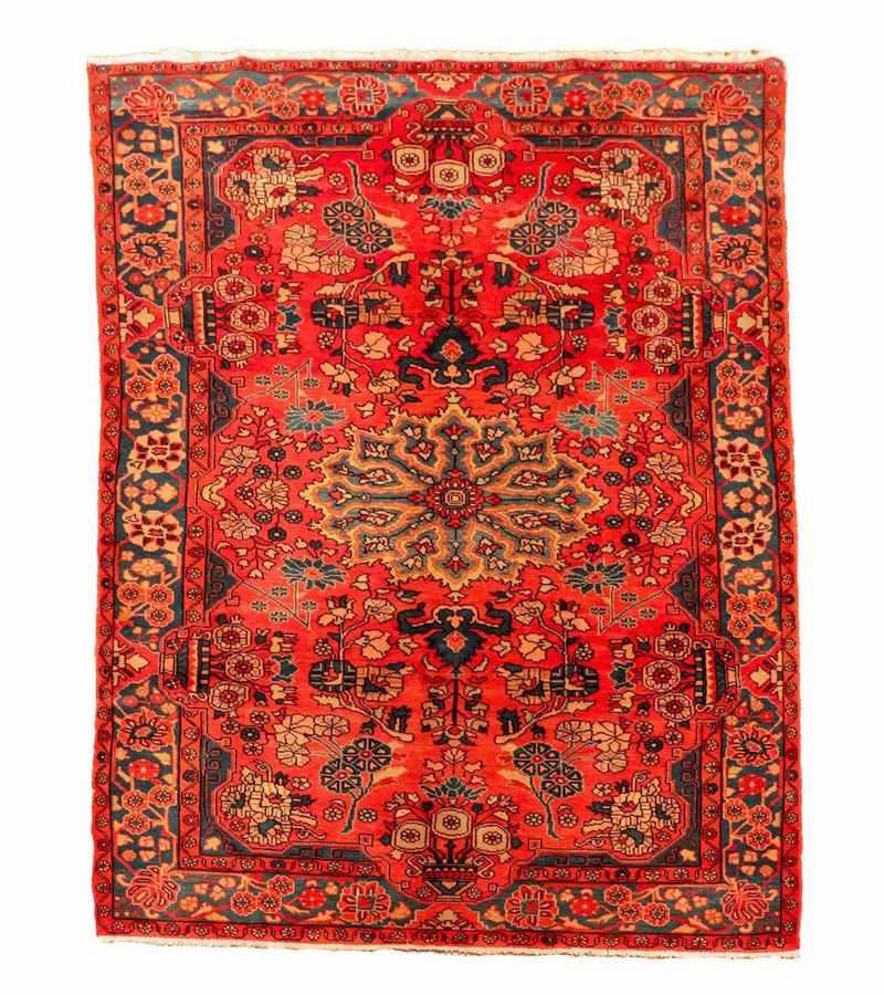 Tappeto persiano Saveh a motivi geometrici su fondo rosso M. 2,33 x 1,54