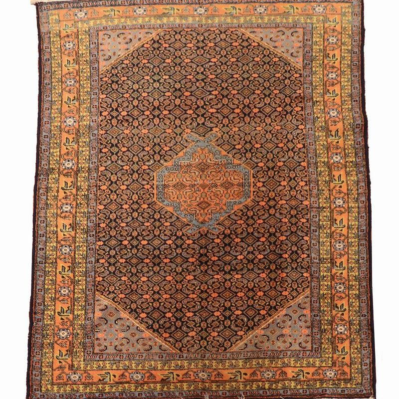 Tappeto persiano Baku a disegno geometrico su fondo blu e arancio, M. 2,00 x 1,39