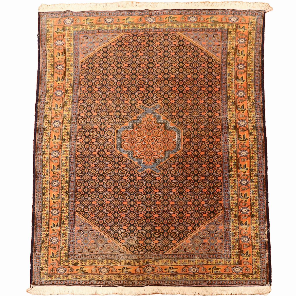 Tappeto persiano Baku a disegno geometrico su fondo blu e arancio, M. 2,00 x 1,39