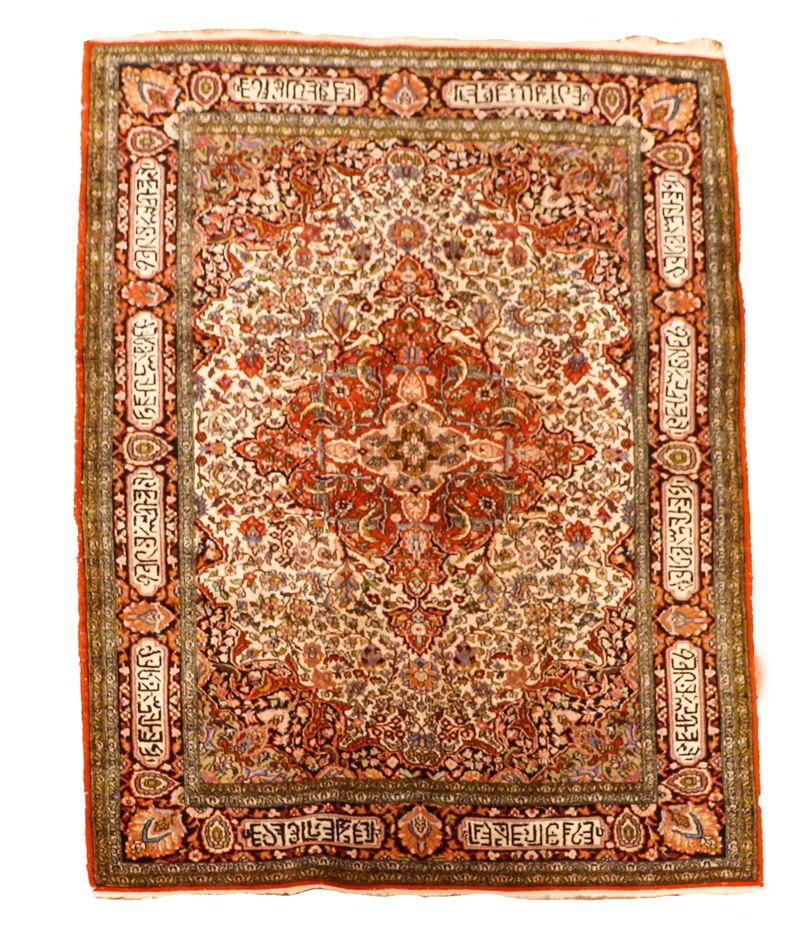 Tappeto persiano Tabriz a disegno floreale su fondo avana e rosso, M. 1,76 x 1,20