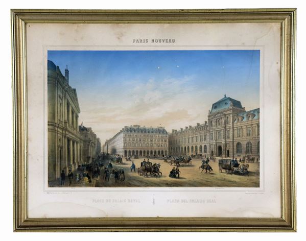 "Place du Palais Royal", antica stampa colorata francese